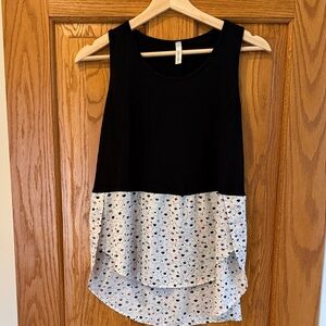Boutique Cotton Black Tank Top with Rayon Printed Hem - Women's Layered Style
